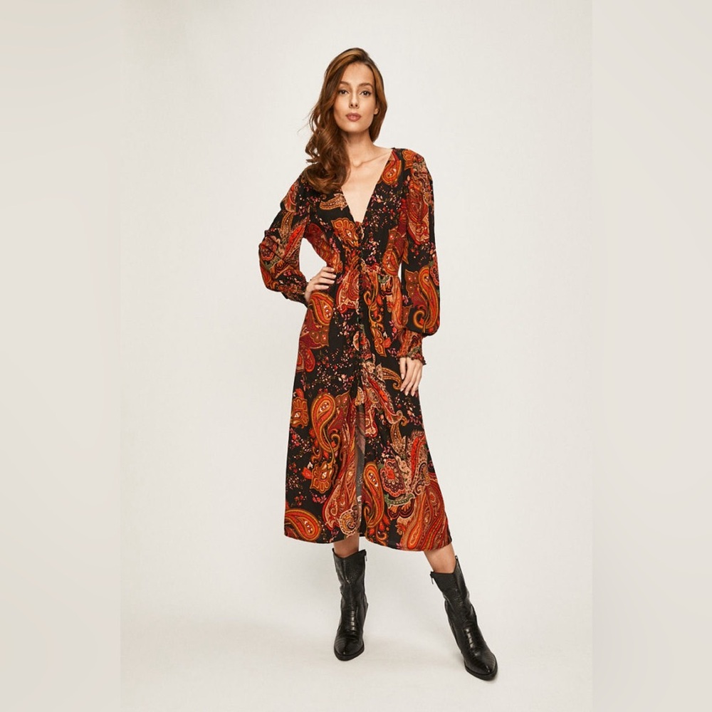 NWOT Zara paisley print smocked a neck button down dress Size XS - Picture 1 of 12
